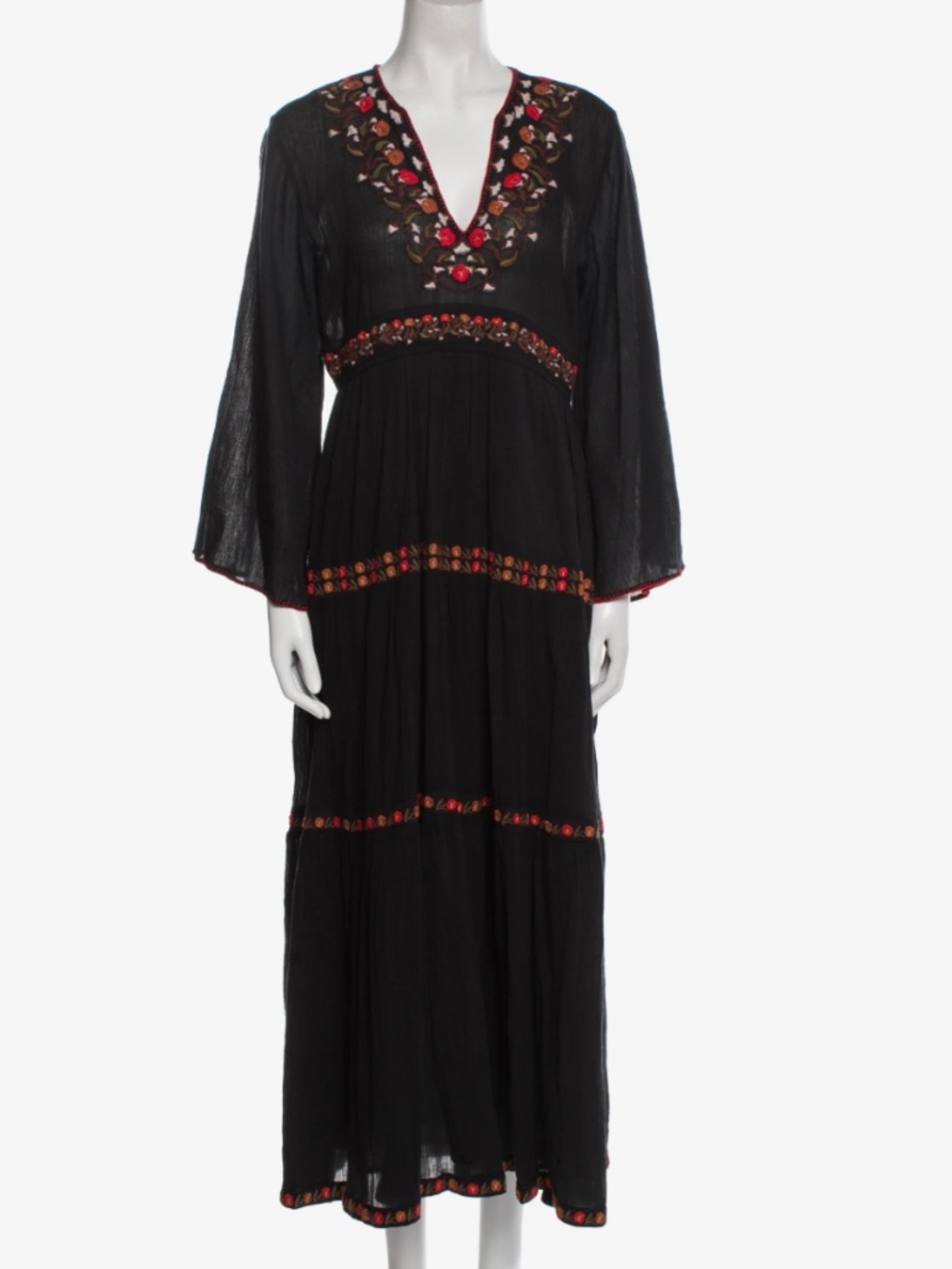 DOEN black tent long sleeve embroidered tiered floral maxi dress v neck zip
